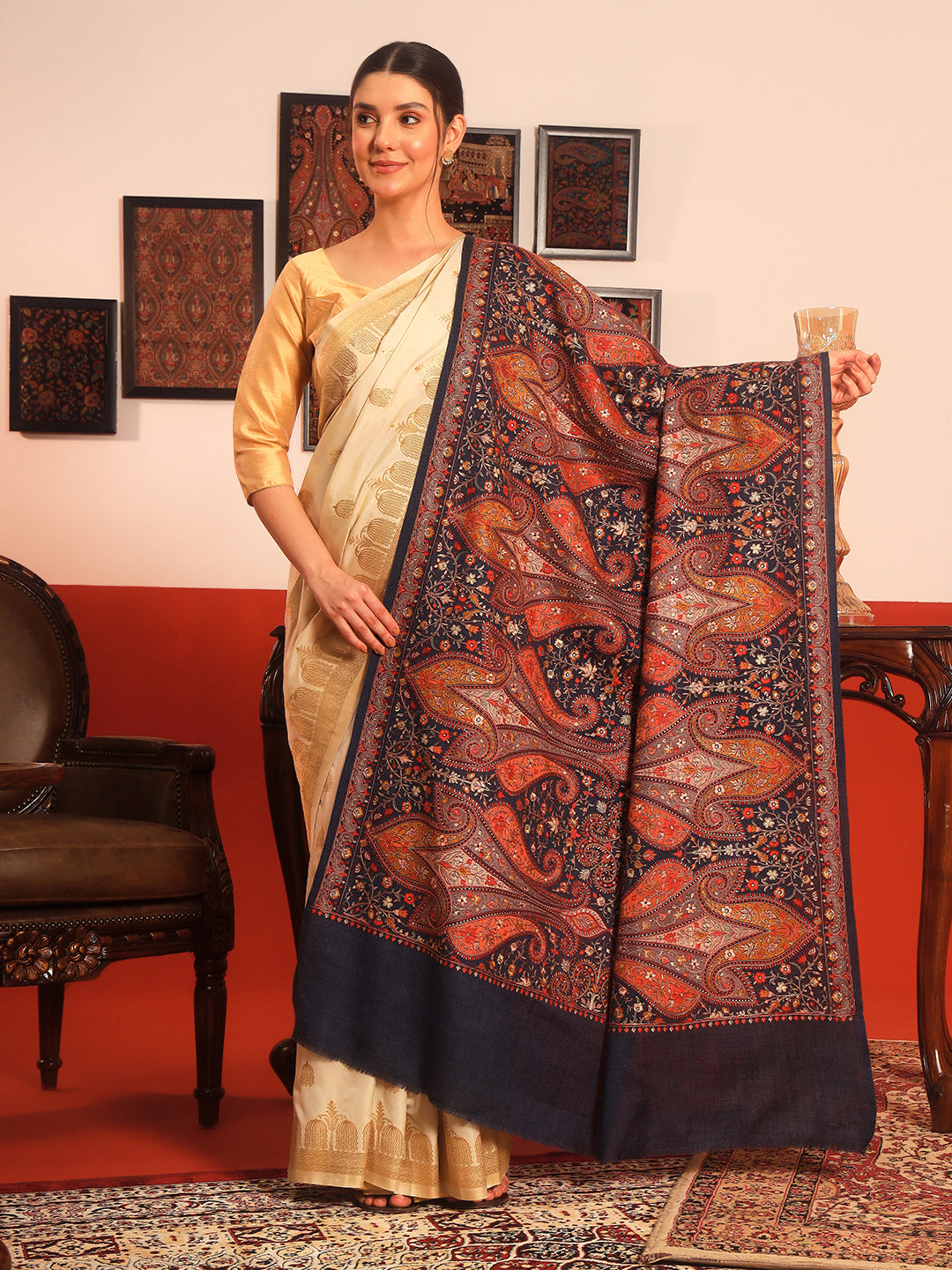 Pashmoda Women’s Mahnoor 100% Pure Wool Sozni Hand Embroidered Shawl (Size: 101x203 Cm)