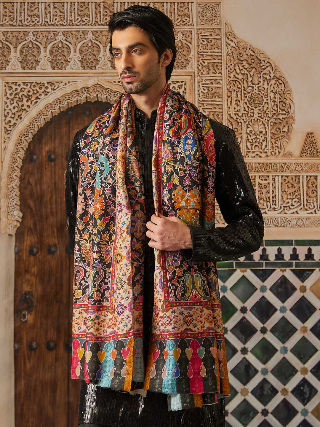 Pashmoda Men Fine Wool Kalamkari Embroidered Shawl (Size  101x203 Cm)