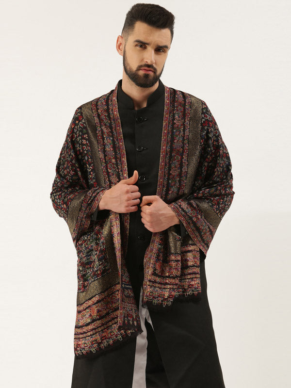 Men Kaani Stole with Zari Weave, Authentic Kashmiri Luxury Pashmina Style  Stole, Size 72X208 CM, Black Color