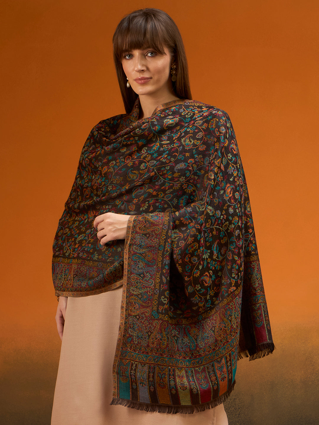 Pashmoda  Imperial Royal botanica Stole for Women, Wool Blend Pashmina Style Shawl Wrap, Traditional Kashmiri Jamawar Woven Design, Luxury Evening & Festive Scarf (28 x 80 Inches)
