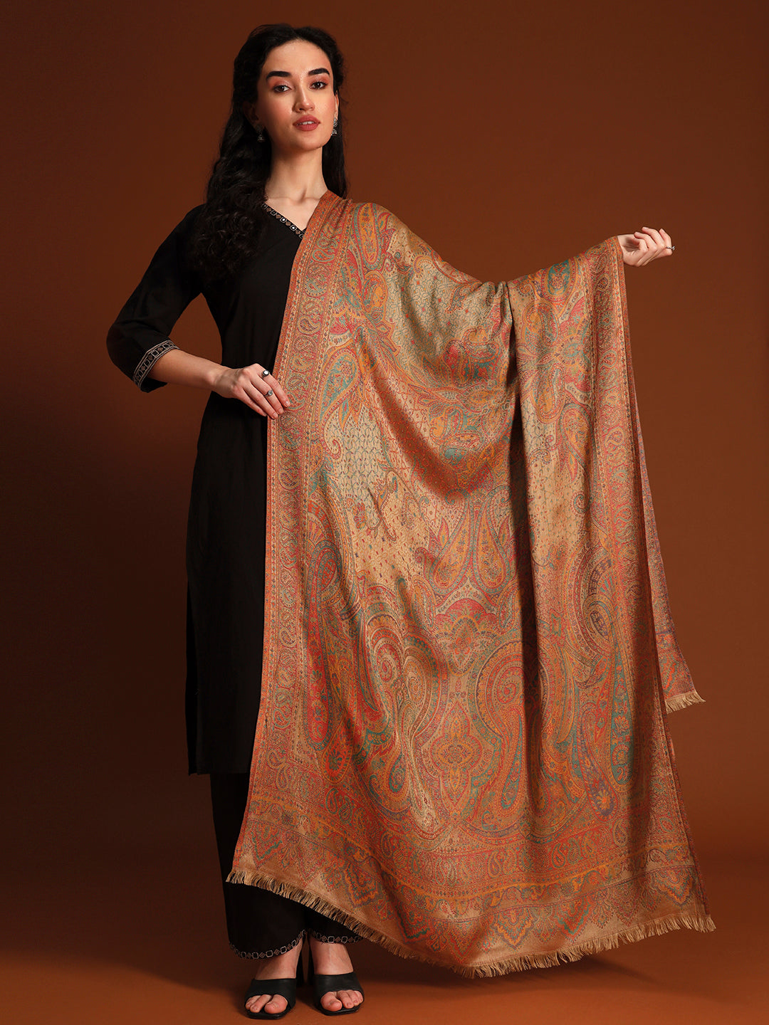 Pashmoda Women Grand Paisley Kaani Wool Blend Kashmiri Shawl, Stole, Scarf | Luxury Pashmina Jamawar Soft Warm Evening Wrap (Size 40X80 inches )
