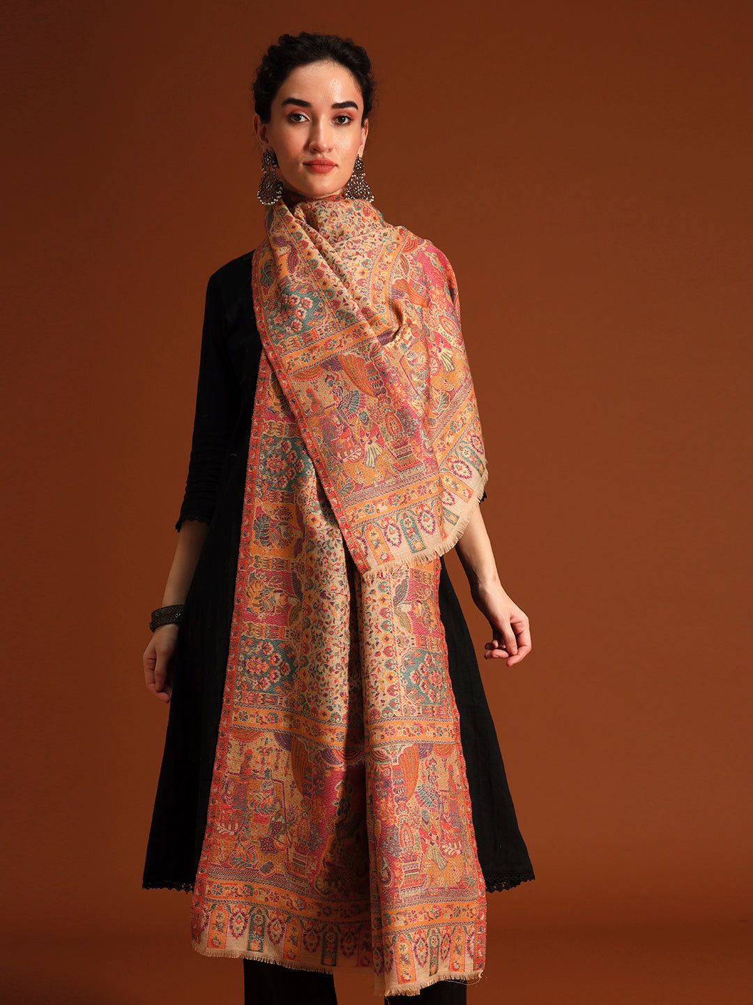 Pashmoda  Imperial Persian Court kaani stole Stole for Women, Wool Blend Pashmina Style Shawl Wrap, Traditional Kashmiri Jamawar Woven Design, Luxury Evening & Festive Scarf (28 x 80 Inches)