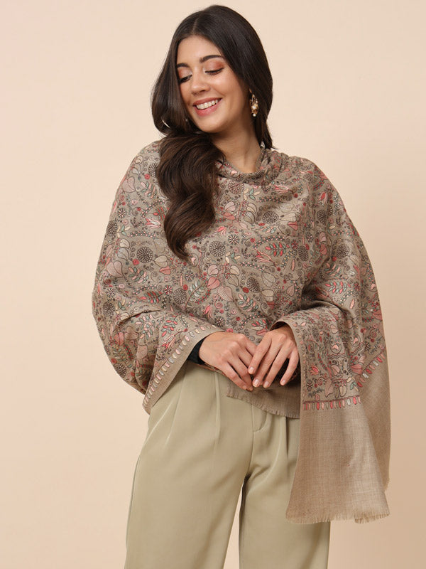 Women Beige Pure Wool Embroidered Shawl (Size 101X203 CM)