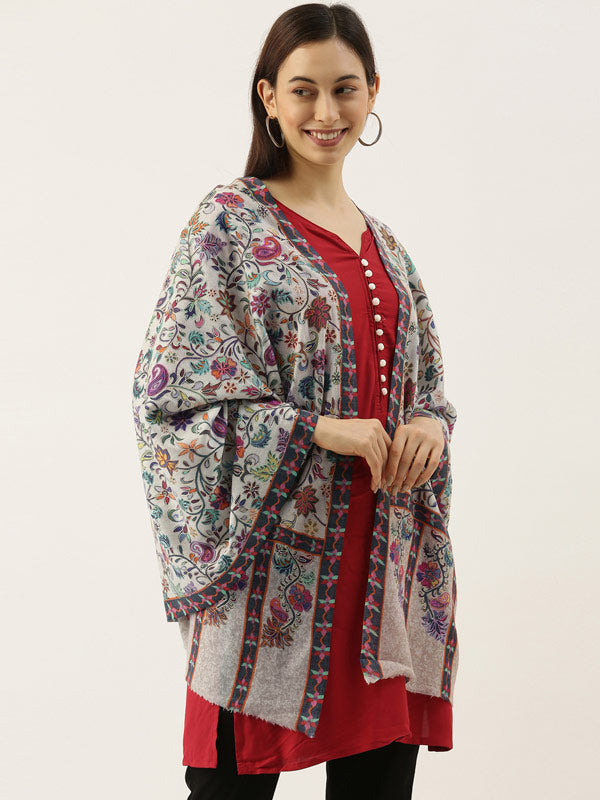 Pure Wool Fabric Kalamkari Embroidered Shawl (Size: 101 X 203 Cms