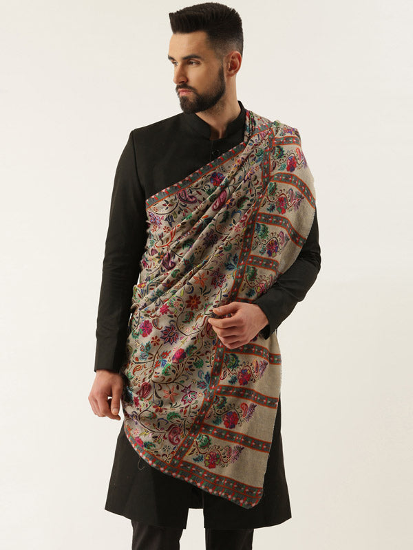 Pure Wool Fabric Kalamkari Embroidered Shawl (Size 40x80 Inches)