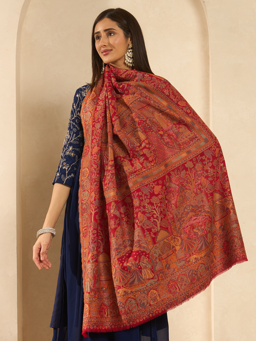 Pashmoda Women Shahi Manzar Kaani Wool Blend Kashmiri Shawl, Stole, Scarf | Luxury Pashmina Jamawar Soft Warm Evening Wrap (Size 40X80 inches )