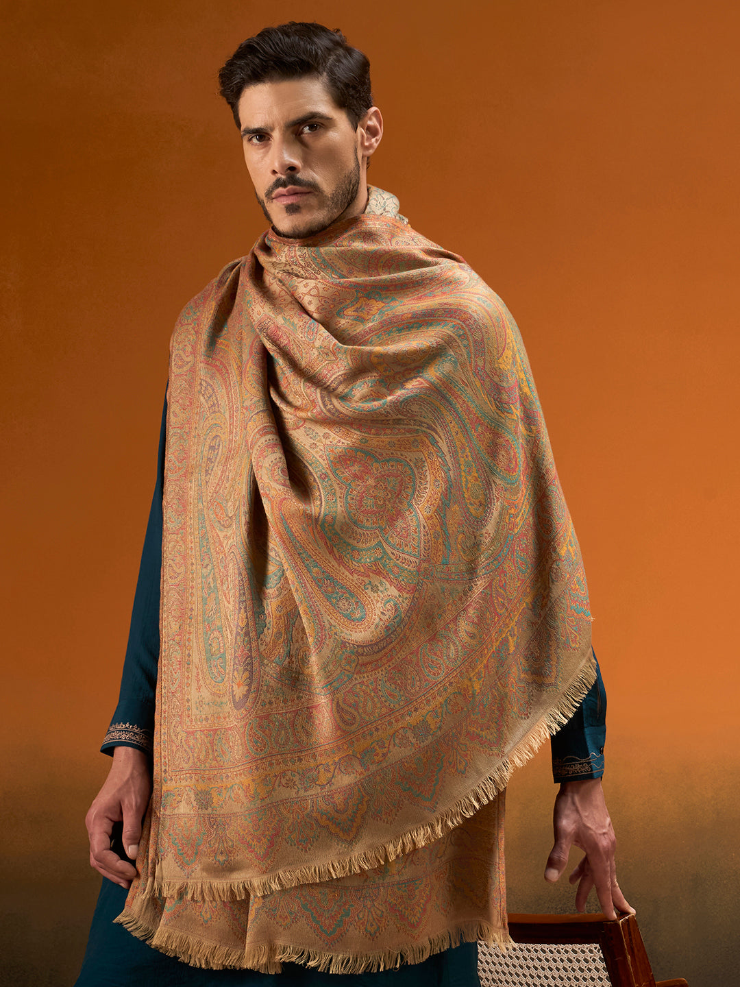 Pashmoda Men Grand Paisley Kaani Shawl, Authentic Kashmiri Pashmina Style Wrap, Medium Gents Lohi, Traditional Jamawar Woven Design, Gift Box Packed, Beige Colour (40 x 80 Inches)