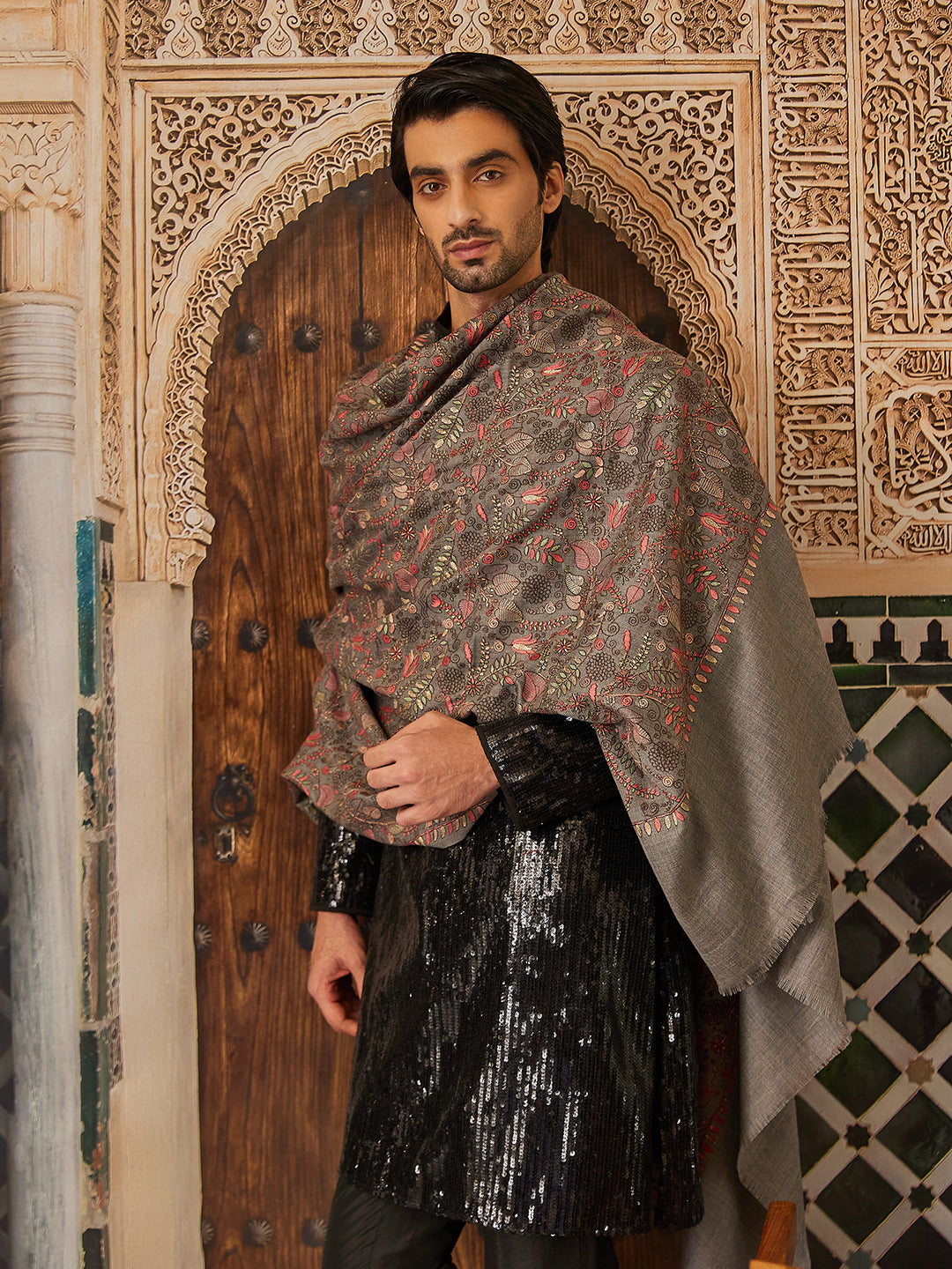 Pashmoda Men 100% Pure Wool Fabric Sozni Embroidered Shawl (Size: 101x203 Cm)