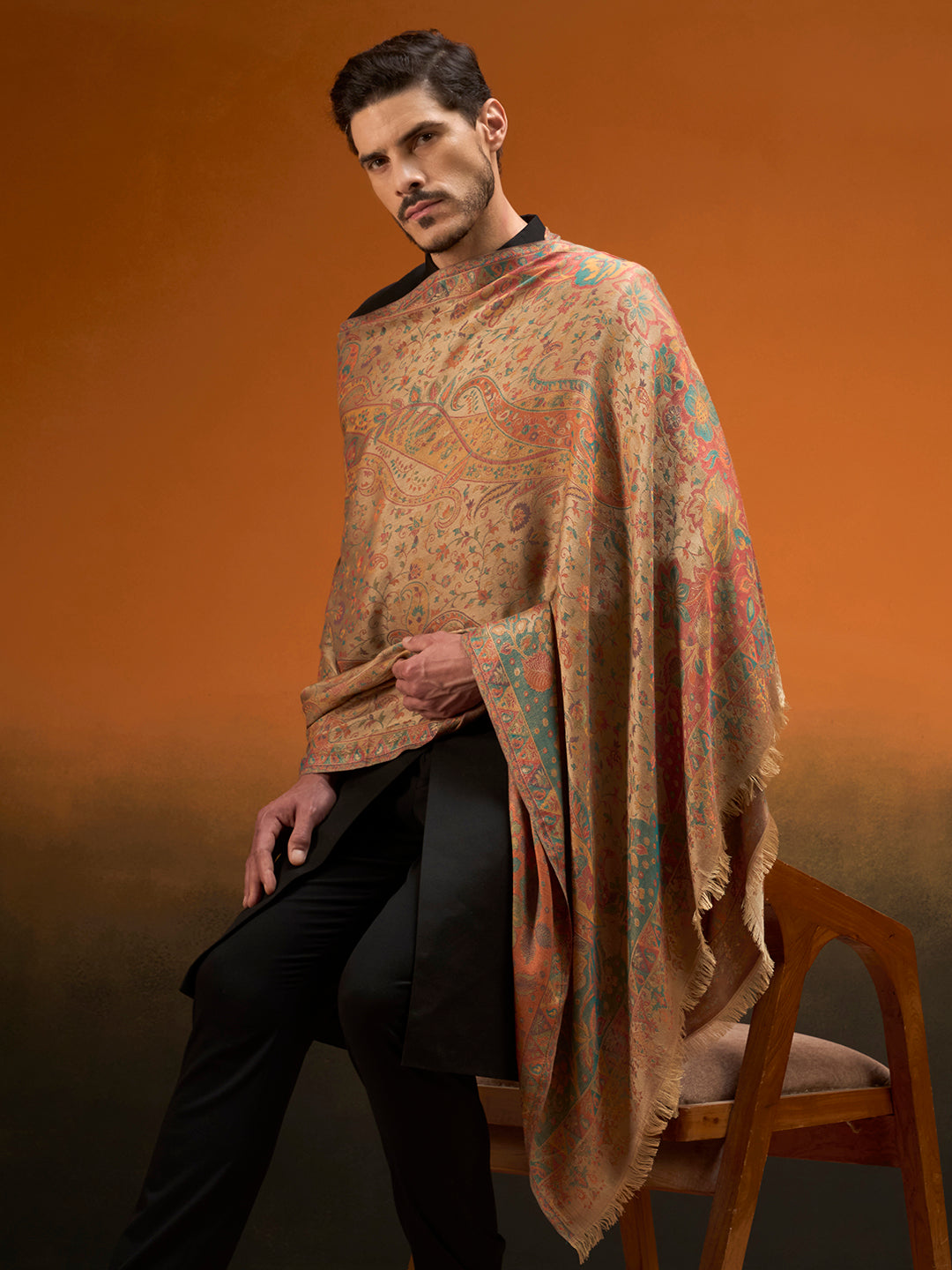 Pashmoda Men Grand Paisley Kaani Shawl, Authentic Kashmiri Pashmina Style Wrap, Medium Gents Lohi, Traditional Jamawar Woven Design, Gift Box Packed, Beige Colour (40 x 80 Inches)