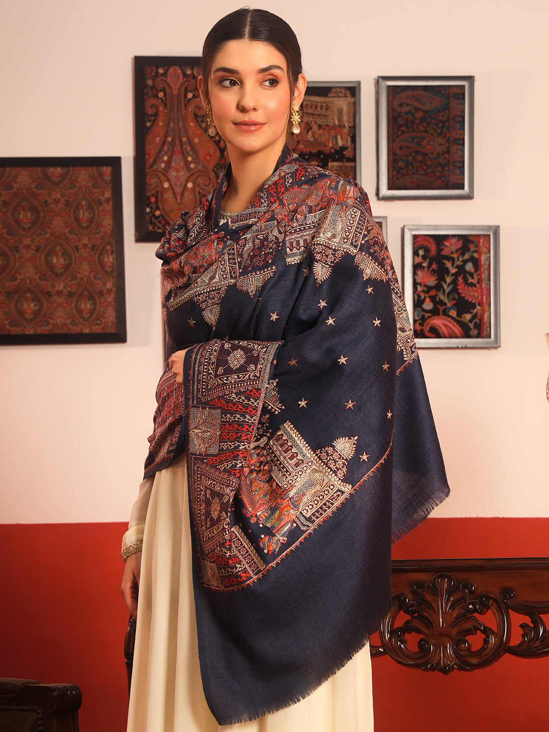 Pashmoda Women Zavian 100% Pure Wool Sozni Hand Embroidered Shawl (Size: 101x203 Cm)