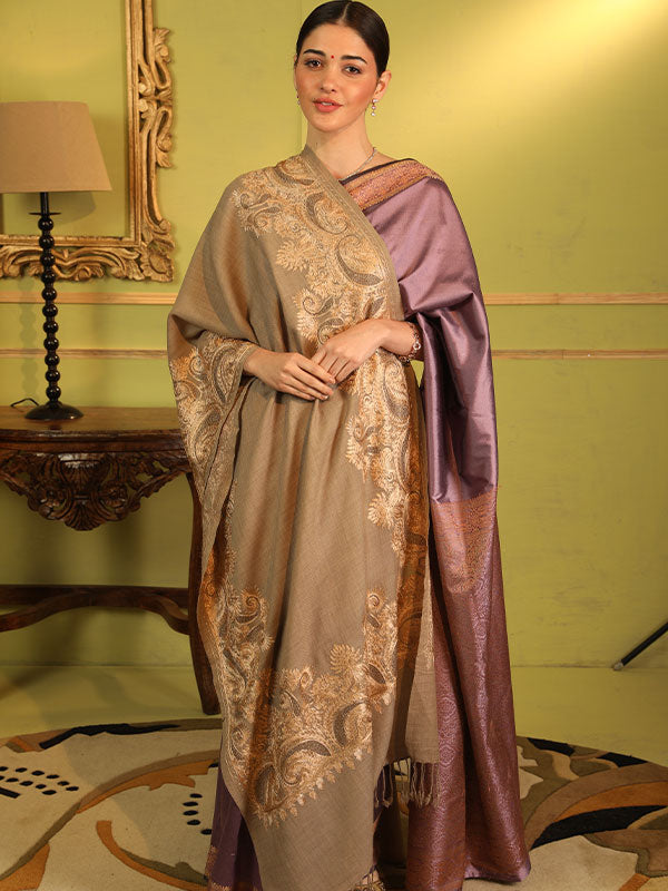 Women's Pure Wool Swarovski Crystal Aari Embroidered Kashmiri Stole (Size: 71X203 CM)