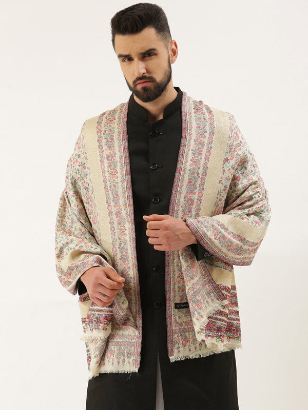 Men Kaani Stole with Zari Weave, Authentic Kashmiri Luxury Pashmina Style Stole,Size 72X208 CM, White Color