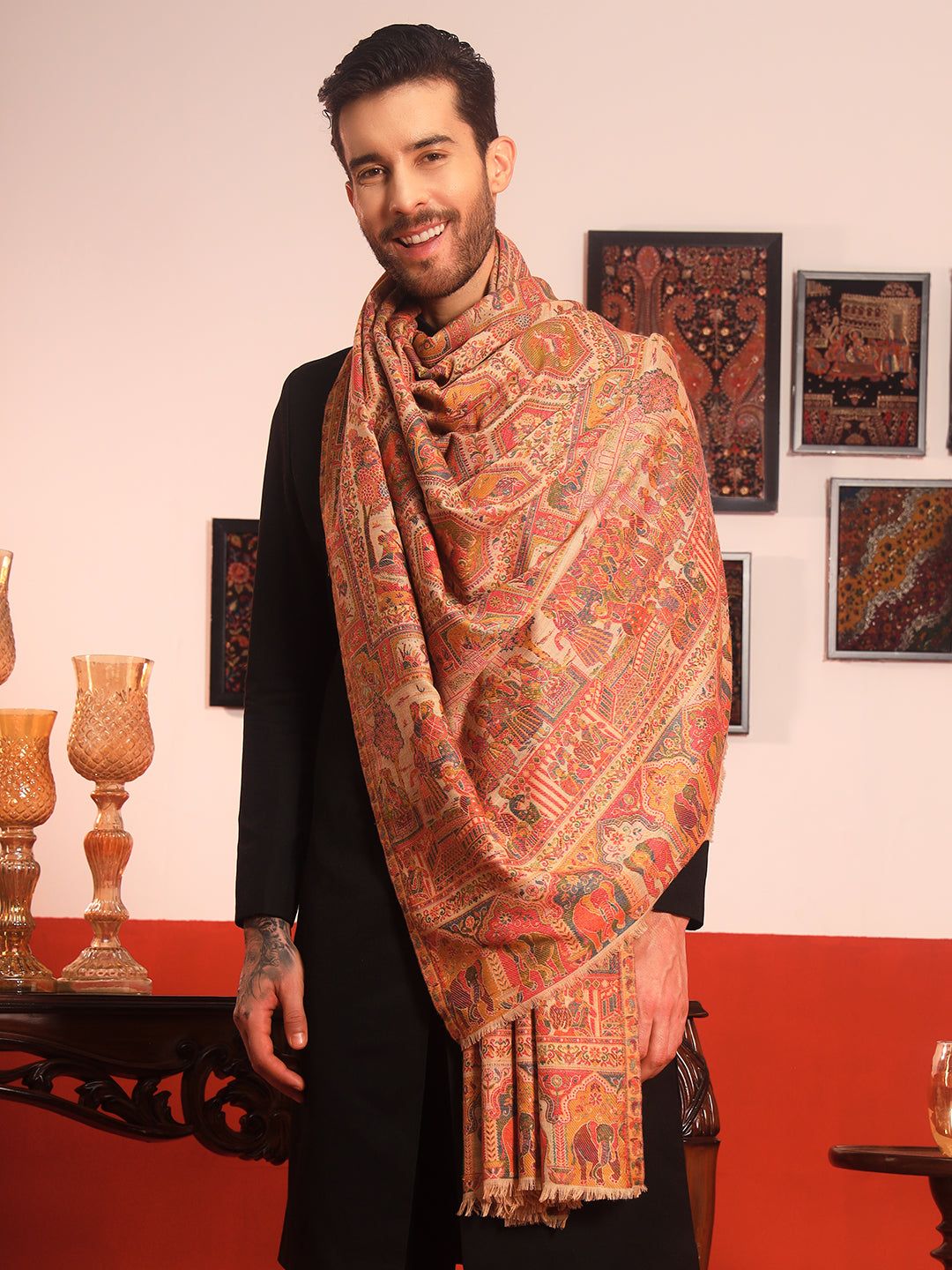 Pashmoda Men Darbari Kaani Wool Blend Kashmiri Shawl (Size: 101X203 CM)