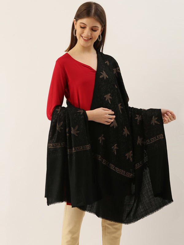 Women's Black Pure Wool Crystal Work and Aari Embroidered Shawl (Size : 101X203 CM)