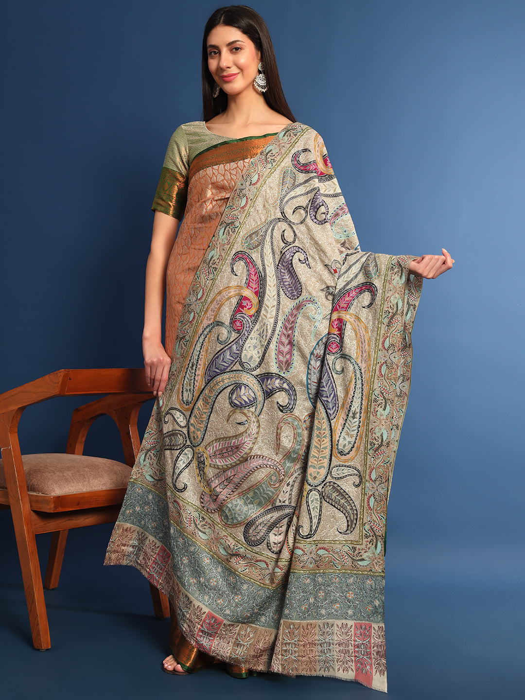 Women Fiza Fine Wool Fabric Pashmina Kalamkari Embroidered Shawl (Size: 115x230 CM)