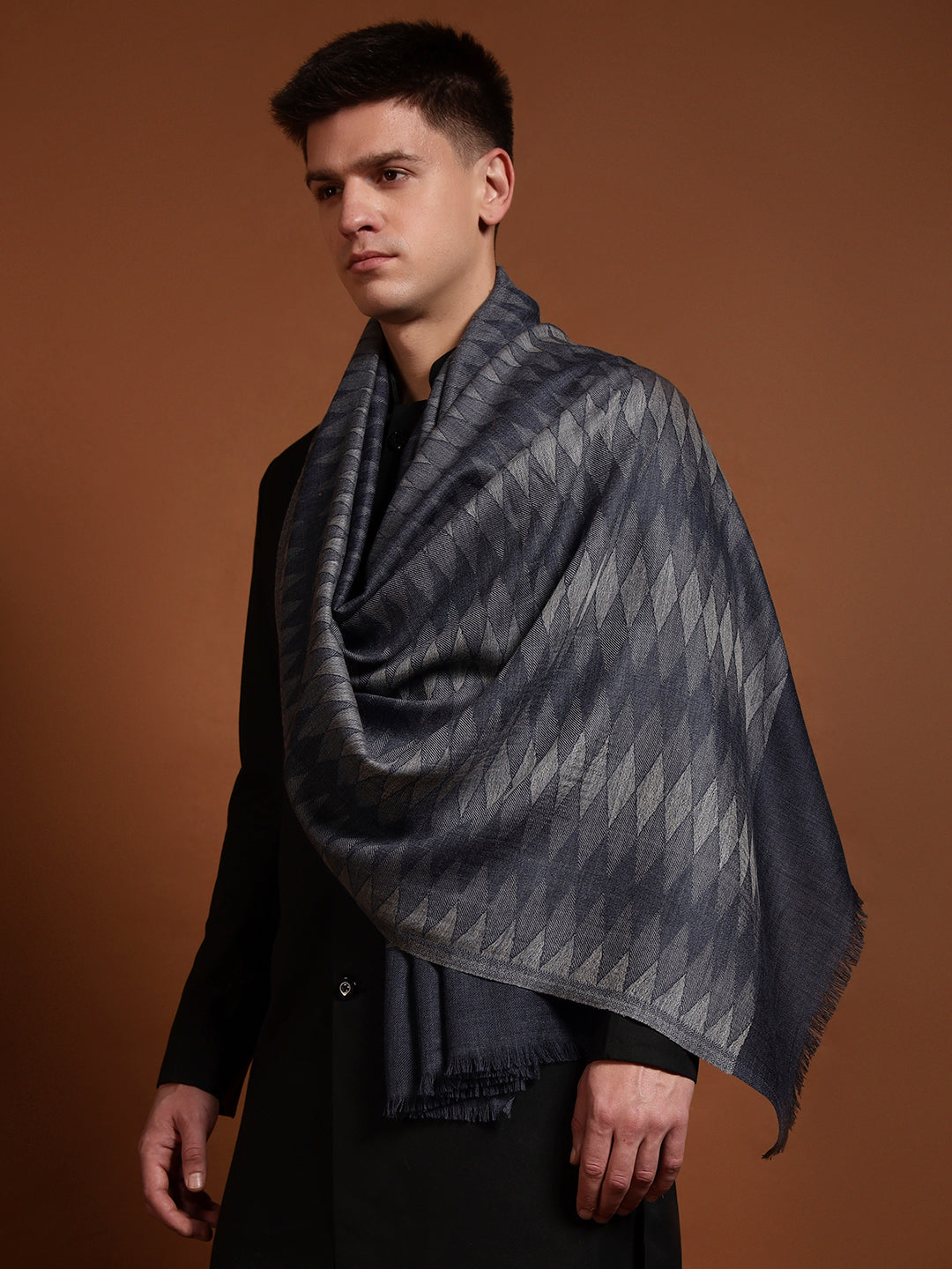 Pashmoda Men 100% Pure Wool Checkered Ikat Stole, Natural & Sustainable Shawl Wrap, Heritage Kashmiri Pashmina Style, Blue2 Colour (28 x 80 Inches)