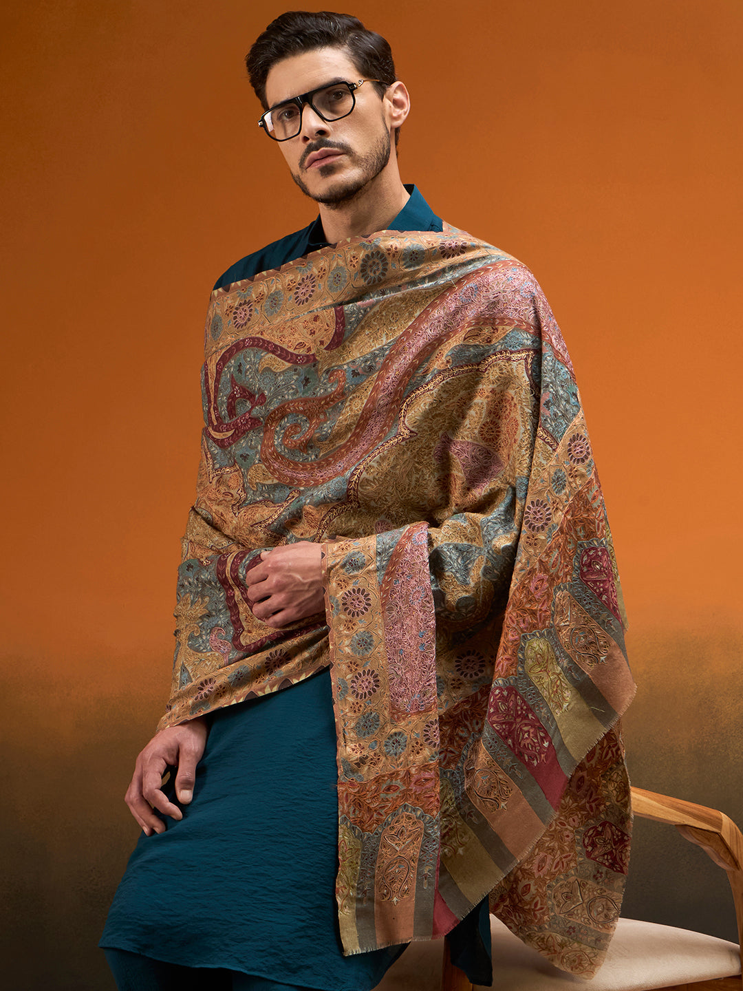 Men Kashish Fine Wool Kalamkari Embroidered Shawl