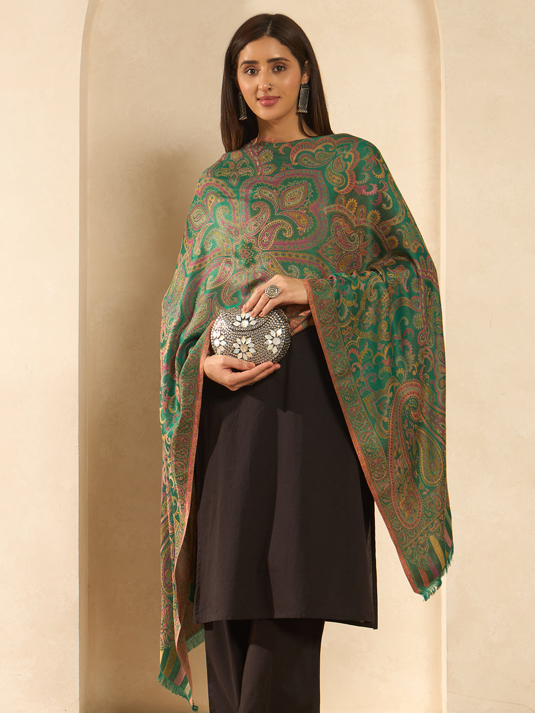 Pashmoda  Imperial Ambi Kaani Stole for Women, Wool Blend Pashmina Style Shawl Wrap, Traditional Kashmiri Jamawar Woven Design, Luxury Evening & Festive Scarf (28 x 80 Inches)