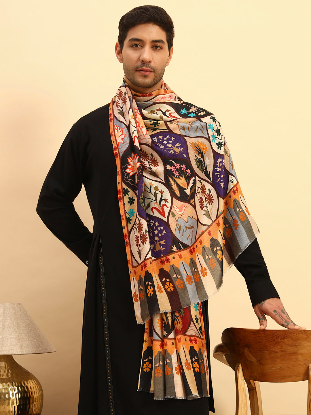 Pashmoda Men Floral Sonata Fine Soft Bamboo Fibre Stole (Size-71x203cm)