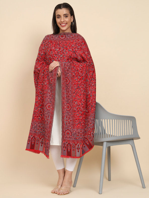 Women Maroon Woven Design Jamawar Shawl (Size 101X203 CM)