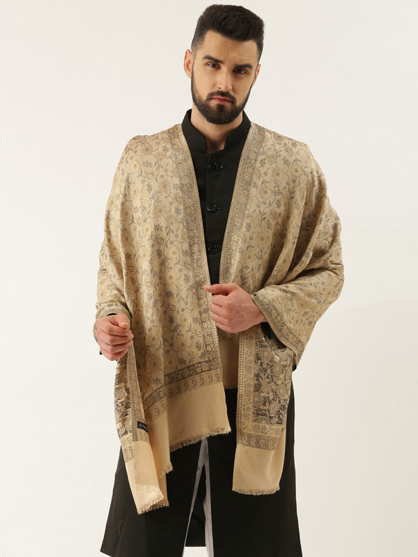 Men Kaani Stole with Zari Weave, Authentic Kashmiri Luxury Pashmina Style  Stole, Size 72X208 CM,  Beige Color