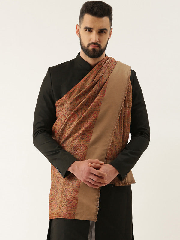 Men Jamawar Shawl, Authentic Kashmiri Luxury Pashmina Style Shawl Size: 101x203 CM, Beige Color