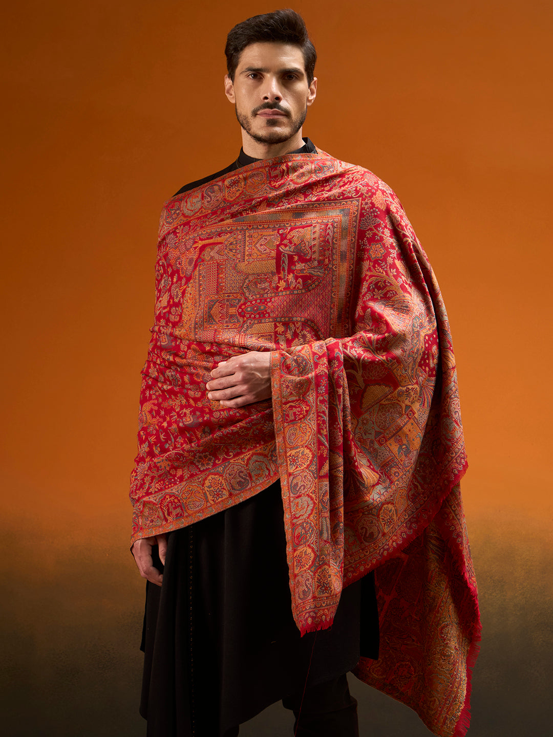 Pashmoda Men Shahi Manzar Fine Wool Kaani Shawl, Authentic Kashmiri Pashmina Style Wrap, Medium Gents Lohi, Traditional Jamawar Woven Design, Gift Box Packed, Maroon Colour (40 x 80 Inches)