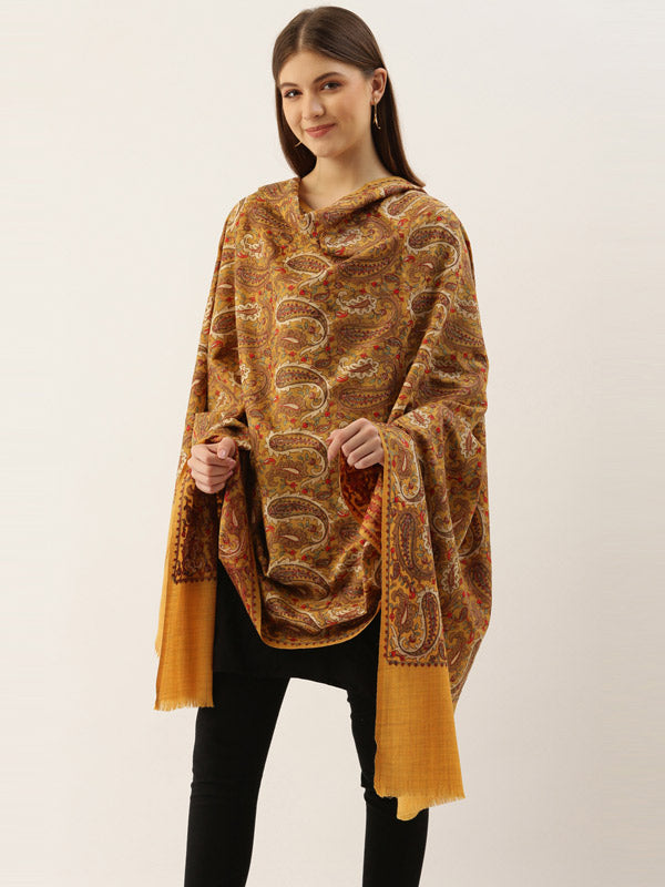 Women's Yellow Pure Wool Embroidered Shawl (Size : 101X203 CM)
