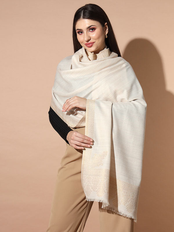 Women White Woven Design Jamawar Shawl (Size 71X203 CM)