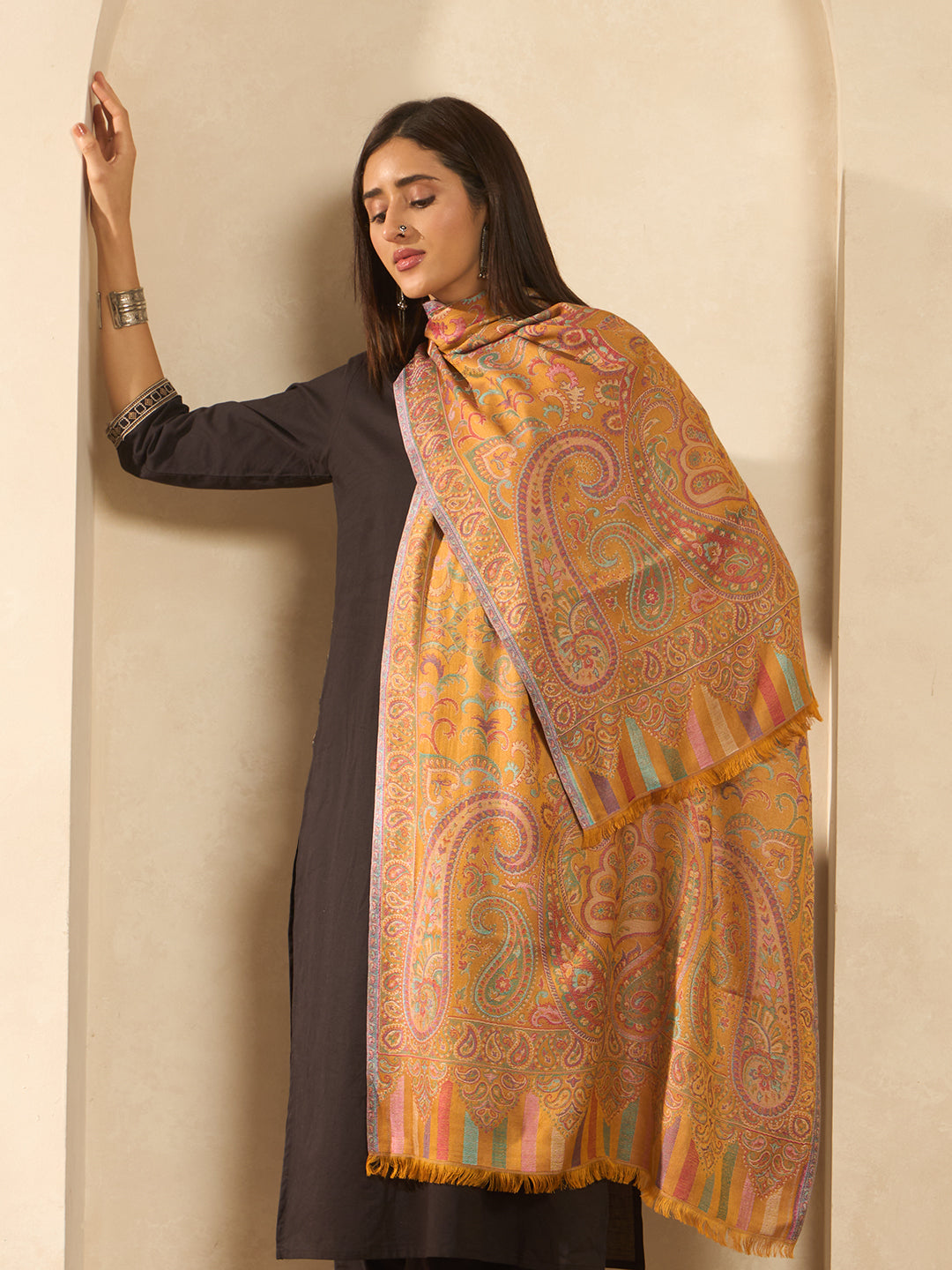 Pashmoda  Imperial Ambi Kaani Stole for Women, Wool Blend Pashmina Style Shawl Wrap, Traditional Kashmiri Jamawar Woven Design, Luxury Evening & Festive Scarf (28 x 80 Inches)