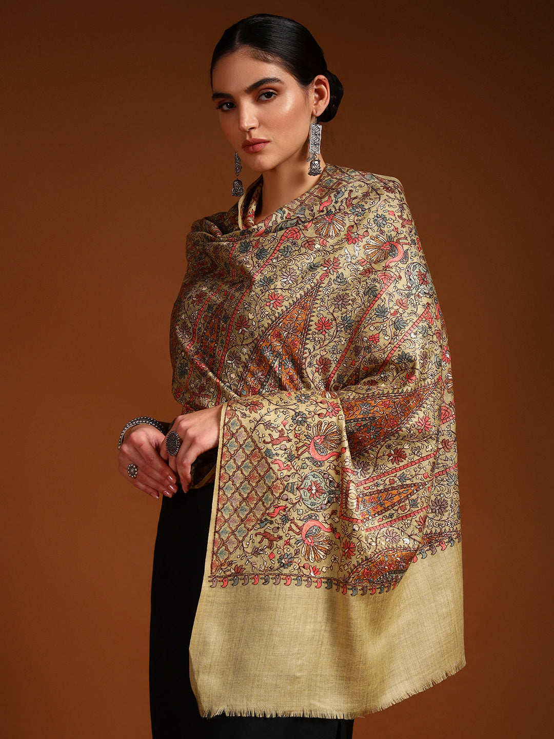 Pashmoda Women Nafeesah 100% Pure Wool Sozni Hand Embroidered Stole (Size-71x203cm)