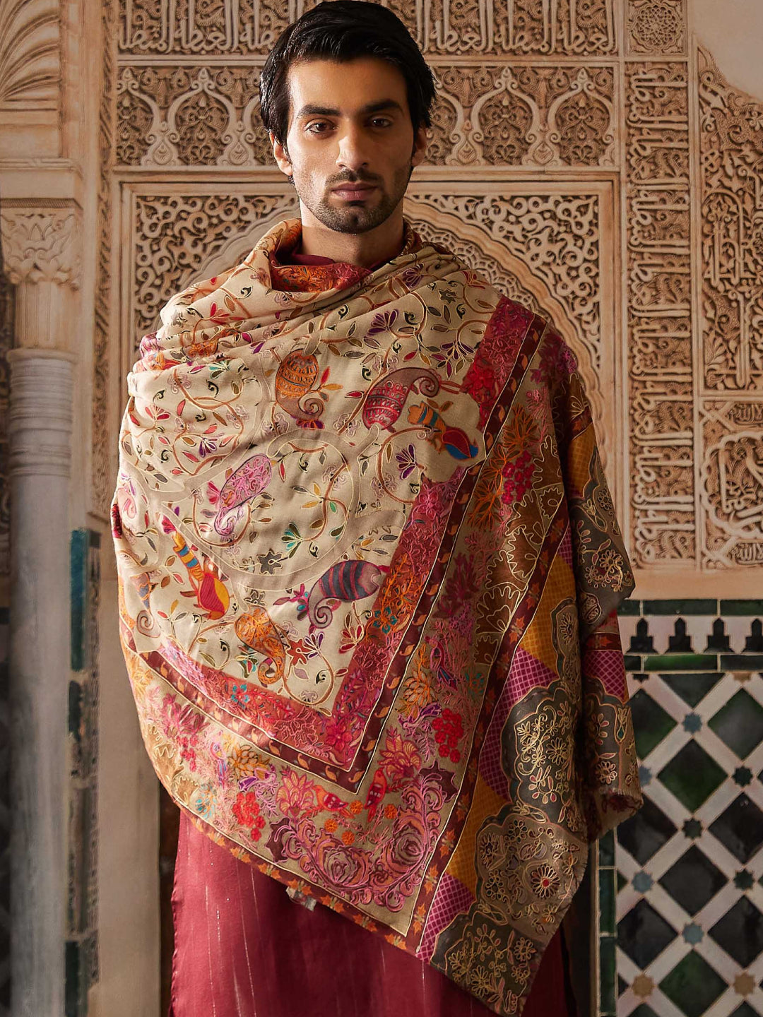 Pashmoda Men Fine Wool Kalamkari Embroidered Shawl (Size 101x203 Cm)