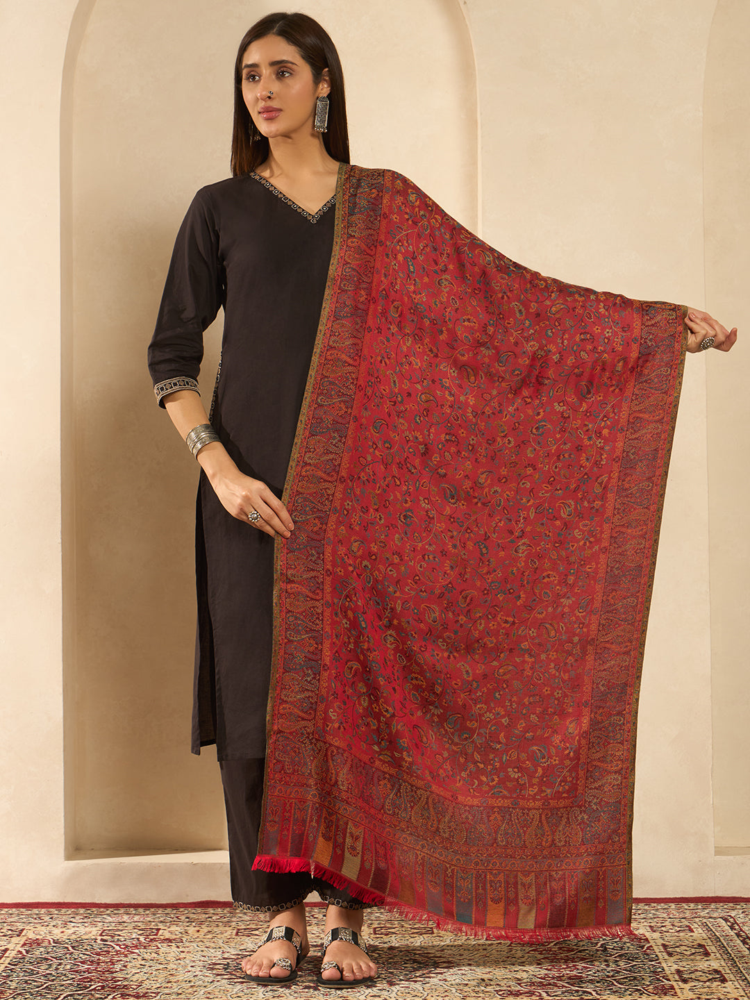 Pashmoda  Imperial Royal botanica Stole for Women, Wool Blend Pashmina Style Shawl Wrap, Traditional Kashmiri Jamawar Woven Design, Luxury Evening & Festive Scarf (28 x 80 Inches)