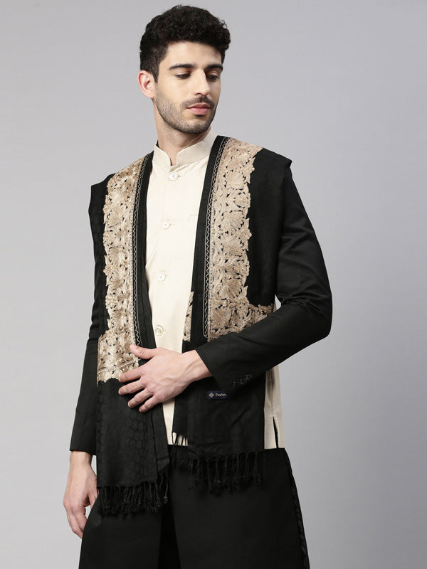 Men Aari Embroidered Shawl (Size 28x80 Inches, Black Color)