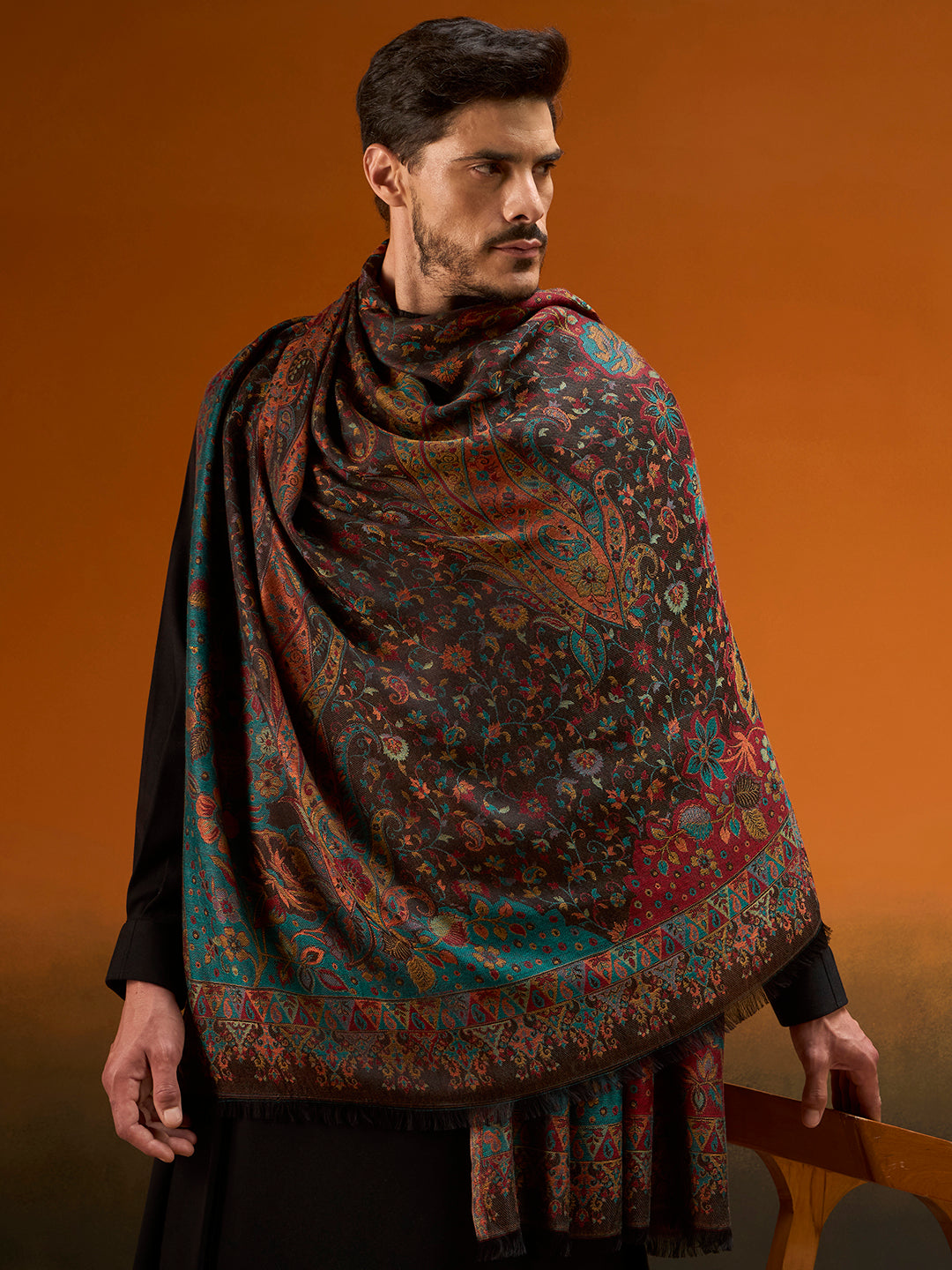 Pashmoda Men Grand Paisley Kaani Shawl, Authentic Kashmiri Pashmina Style Wrap, Medium Gents Lohi, Traditional Jamawar Woven Design, Gift Box Packed, Black Colour (40 x 80 Inches)