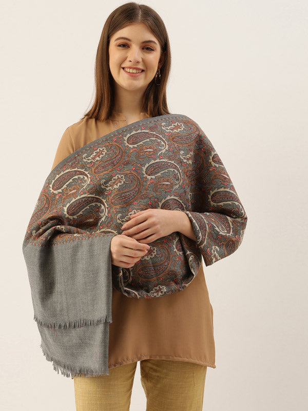 Grey Pure Wool Embroidered Shawl (Size: 101 X 203 CM)