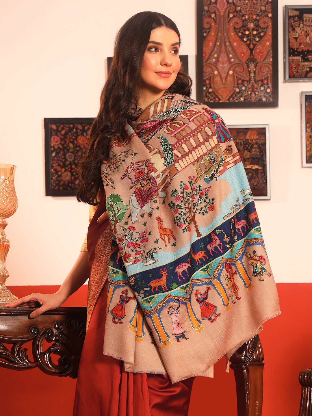 Pashmoda Women Mughal Bagh 100% Pure Wool Fabric Kalamkari Embroidered Shawl (Size: 101x203cm)