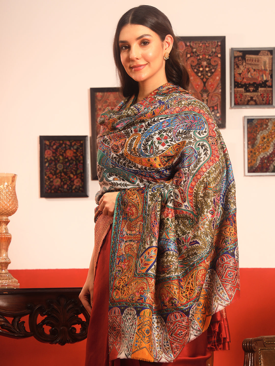 Pashmoda Women Rangmehal Fine Wool Fabric Pashmina Kalamkari Embroidered Shawl (Size: 101x203 CM)