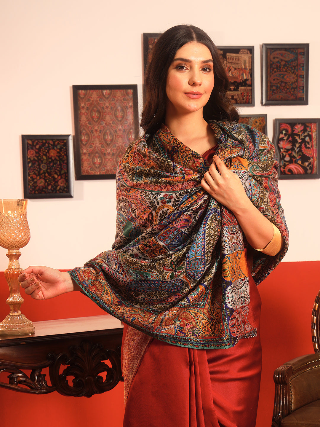 Pashmoda Women Rangmehal Fine Wool Fabric Pashmina Kalamkari Embroidered Shawl (Size: 101x203 CM)