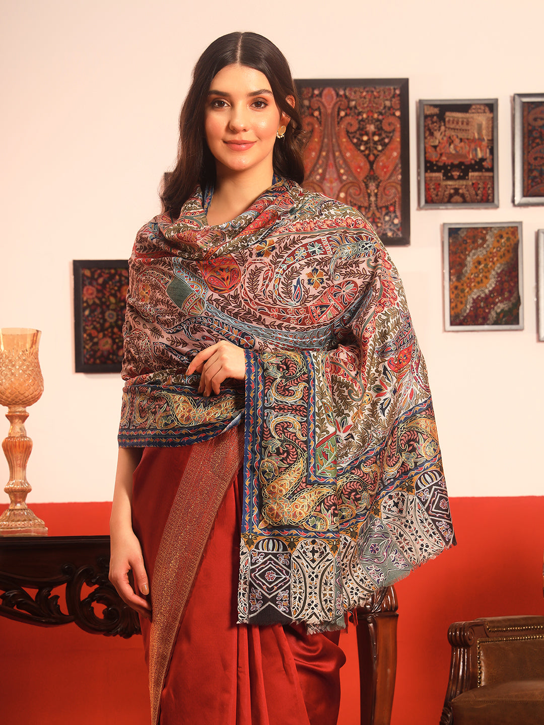 Pashmoda Women Rangmehal Fine Wool Fabric Pashmina Kalamkari Embroidered Shawl (Size: 101x203 CM)