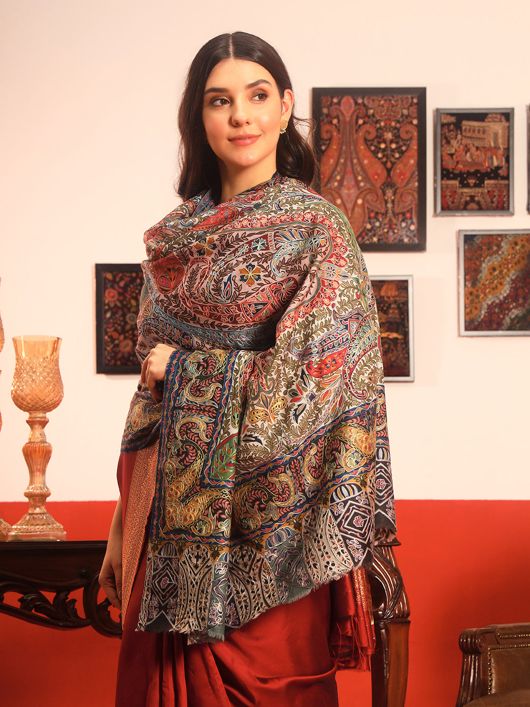 Pashmoda Women Rangmehal Fine Wool Fabric Pashmina Kalamkari Embroidered Shawl (Size: 101x203 CM)