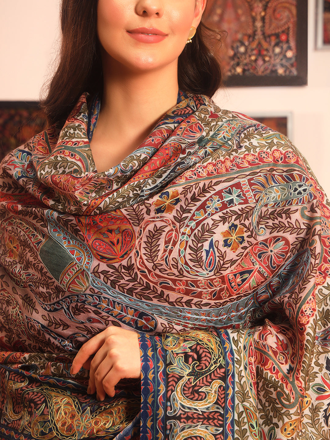 Pashmoda Women Rangmehal Fine Wool Fabric Pashmina Kalamkari Embroidered Shawl (Size: 101x203 CM)