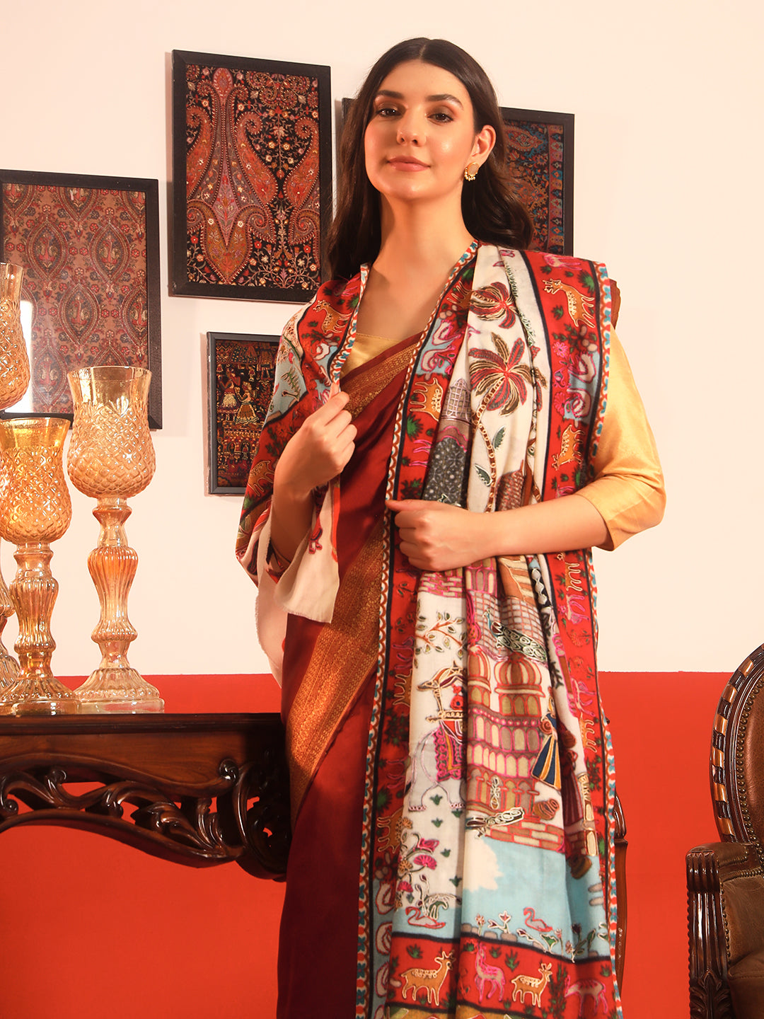 Pashmoda Women Mughal Bagh 100% Pure Wool Fabric Kalamkari Embroidered Shawl (Size: 101x203cm)