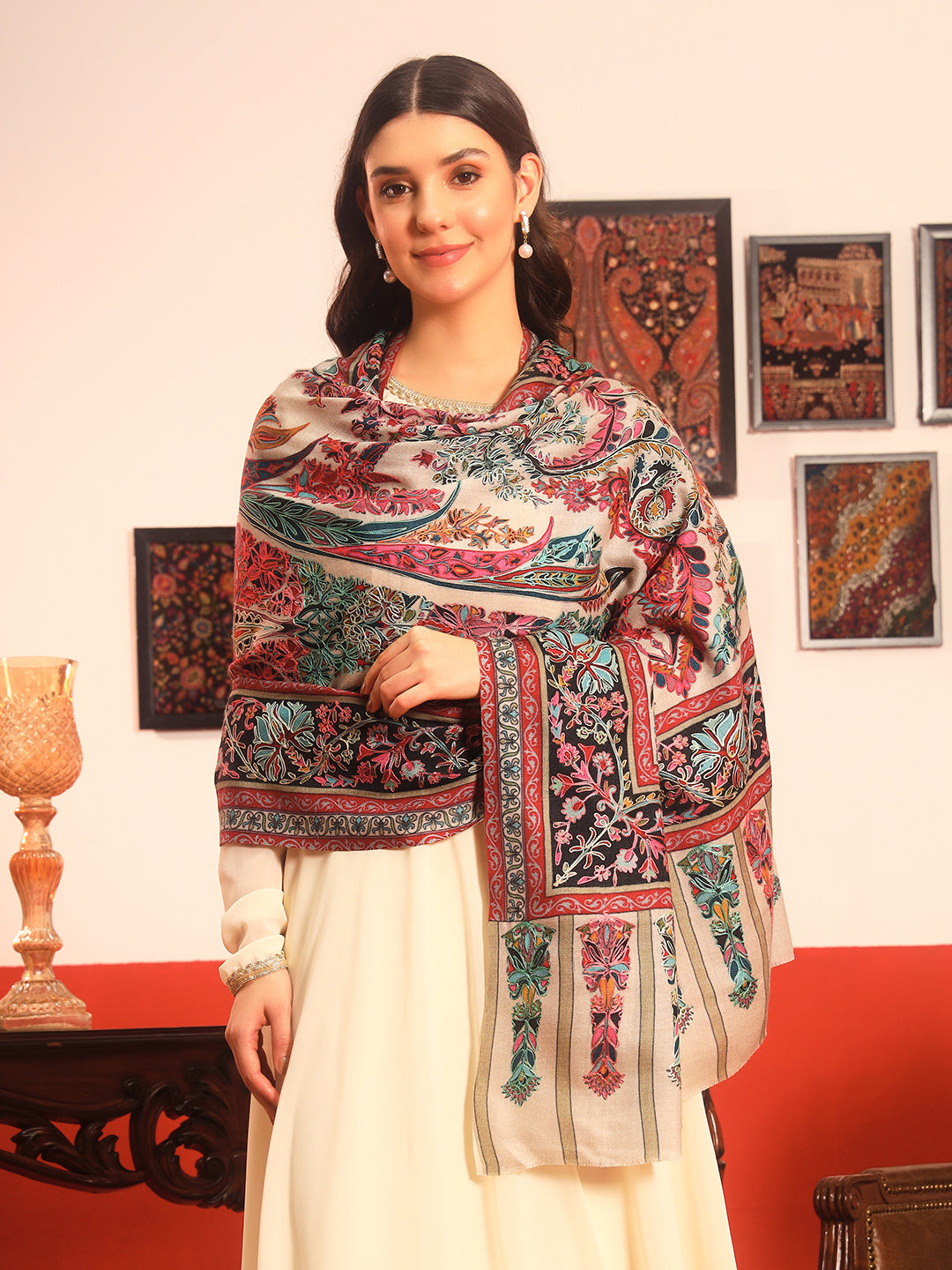 Pashmoda Women Rangkalam  100% Pure Wool Fabric Kalamkari Embroidered Shawl (Size: 101x203 CM)