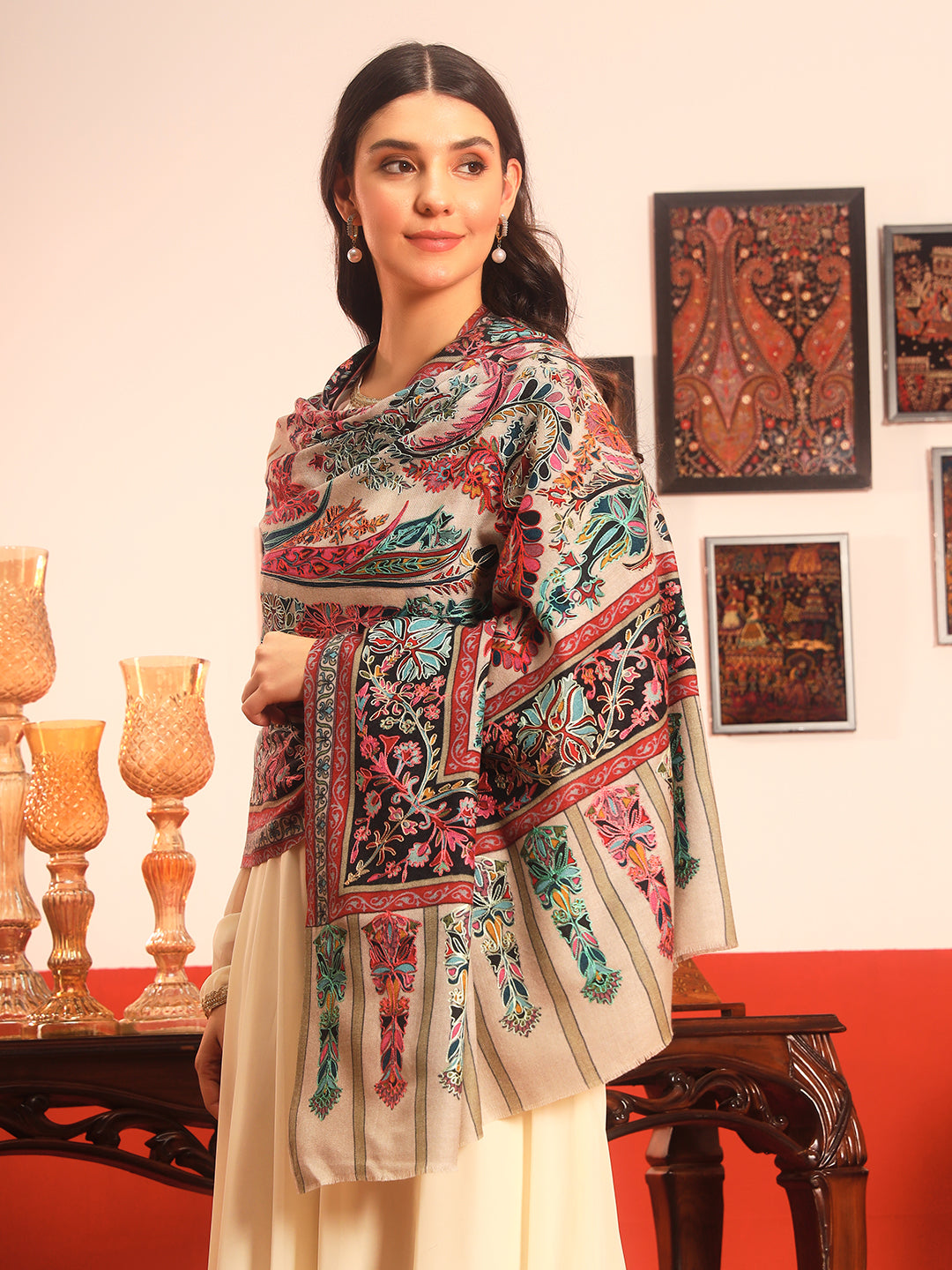 Pashmoda Women Rangkalam  100% Pure Wool Fabric Kalamkari Embroidered Shawl (Size: 101x203 CM)