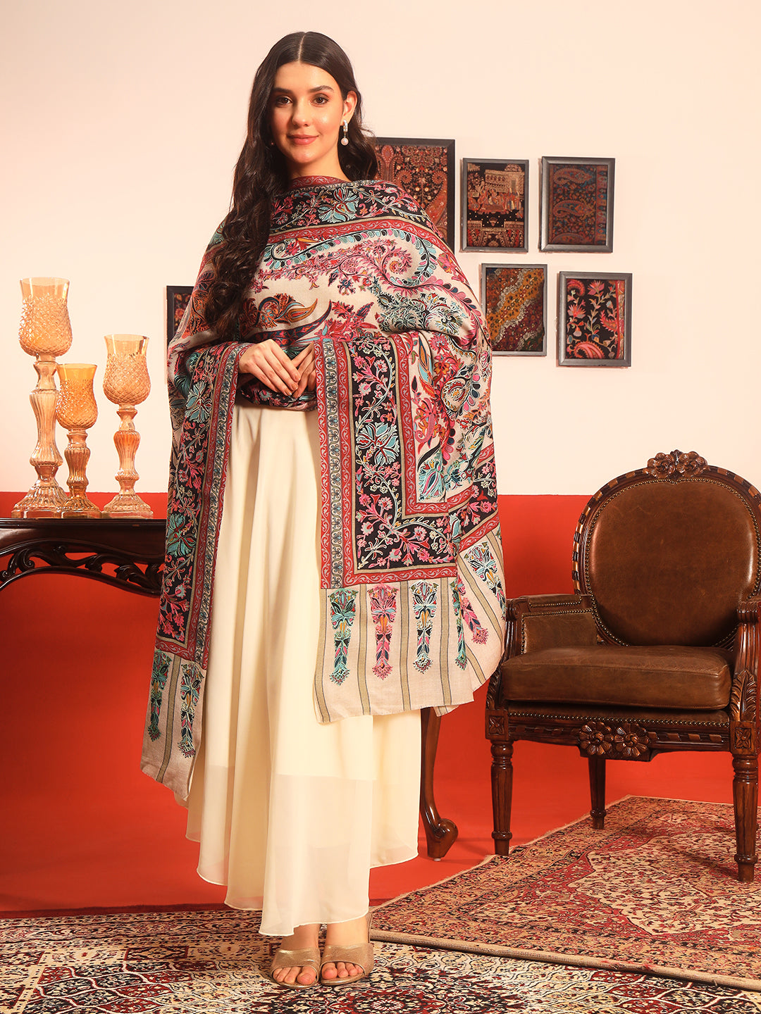 Pashmoda Women Rangkalam  100% Pure Wool Fabric Kalamkari Embroidered Shawl (Size: 101x203 CM)