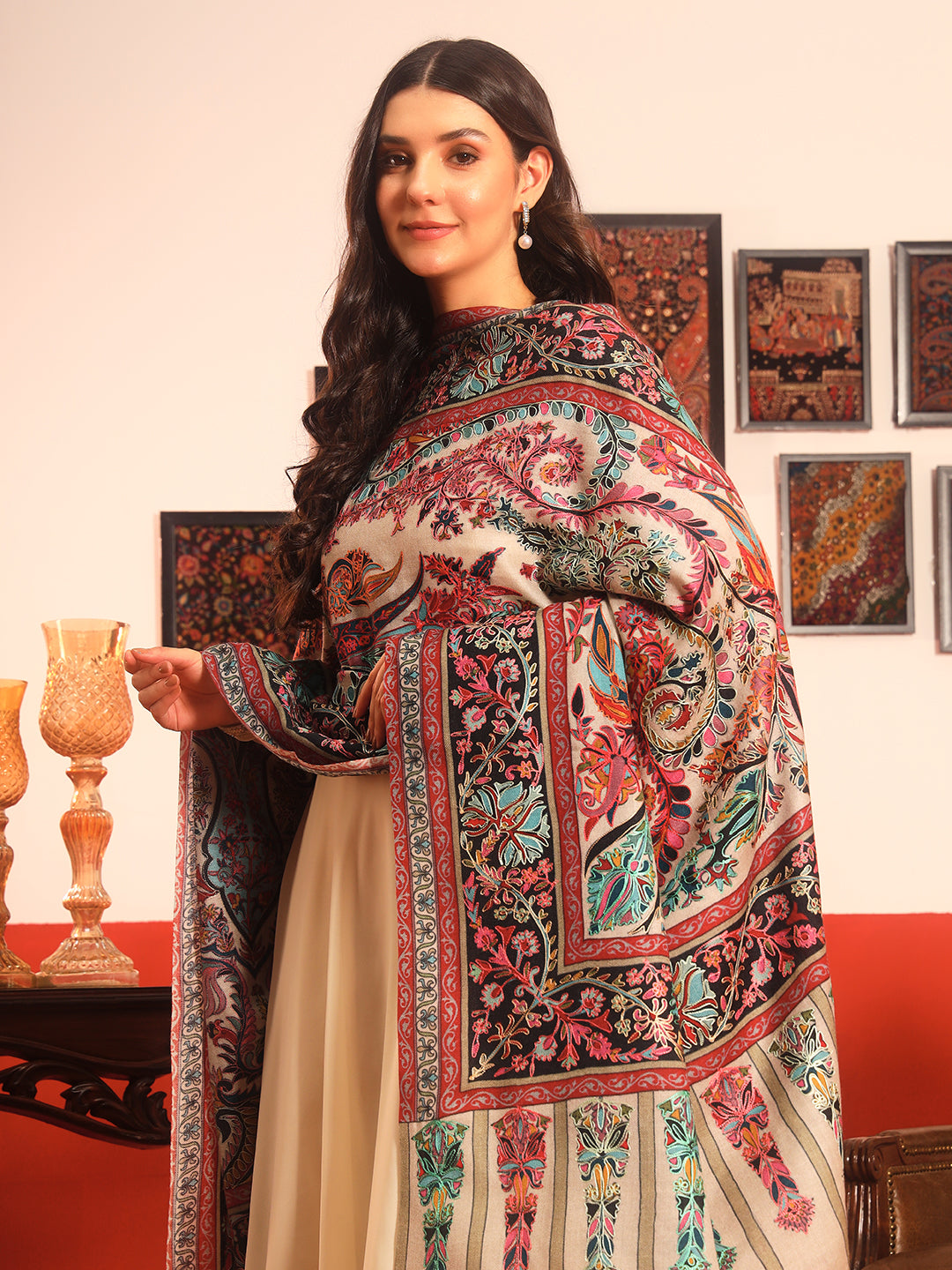 Pashmoda Women Rangkalam  100% Pure Wool Fabric Kalamkari Embroidered Shawl (Size: 101x203 CM)