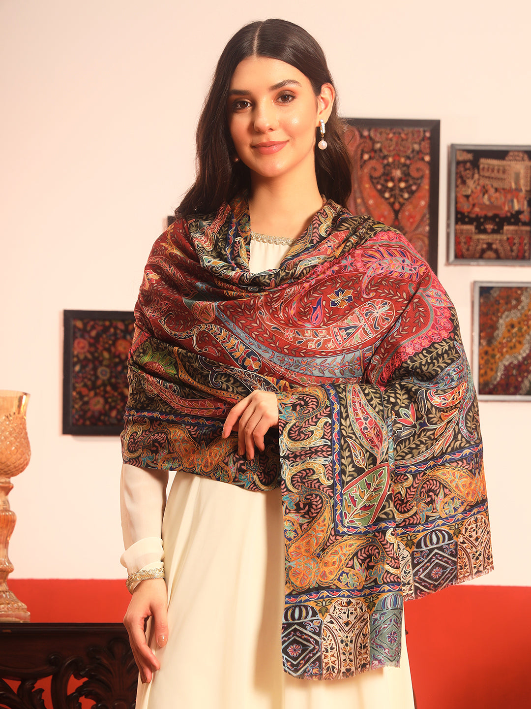 Pashmoda Women Daastaan Fine Wool Fabric Pashmina Kalamkari Embroidered Shawl (Size: 101x203 CM)