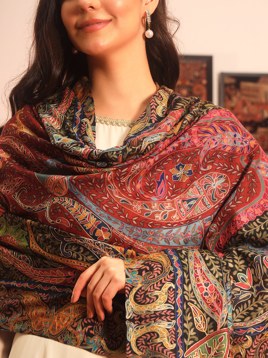 Pashmoda Women Daastaan Fine Wool Fabric Pashmina Kalamkari Embroidered Shawl (Size: 101x203 CM)