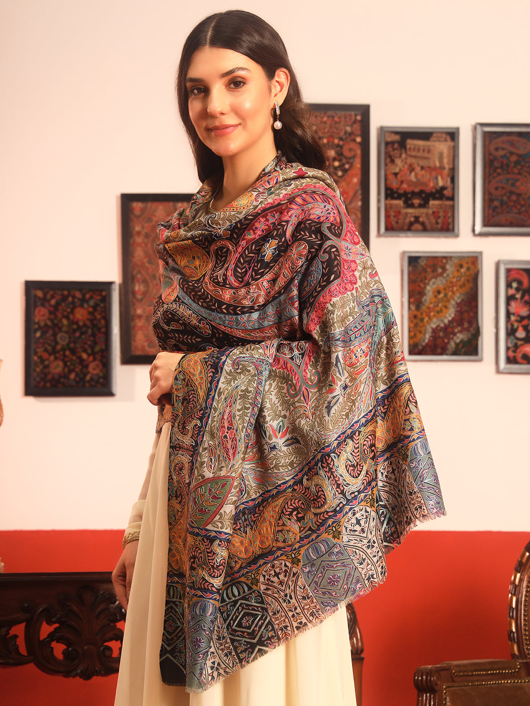 Pashmoda Women Rangmehal Fine Wool Fabric Pashmina Kalamkari Embroidered Shawl (Size: 101x203 CM)